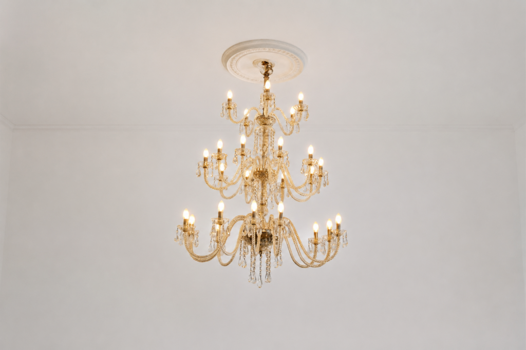 Lampadario in vetro di Murano a 18 luci con pendagli in cristallo e struttura in vetro trasparente.