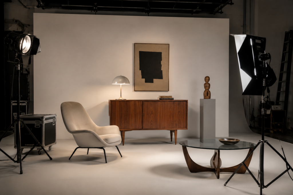 Composizione di arredi e oggetti di design del Novecento allestita nel set fotografico di Visione Antiquaria.