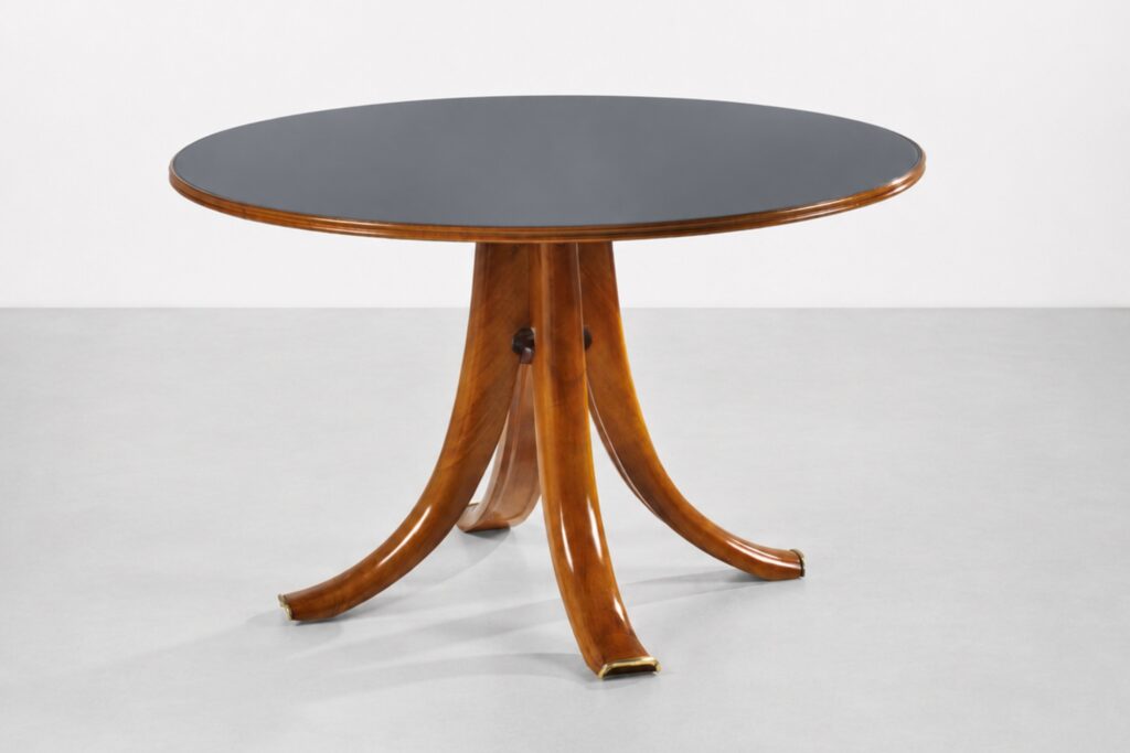 Tavolo rotondo attribuito a Osvaldo Borsani con piano nero e base in legno curvato.